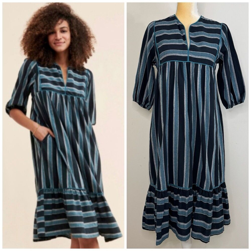 Saint Geraldine Polly Jean Midi Dress Size XS Melbourne Aqua Striped Pockets
